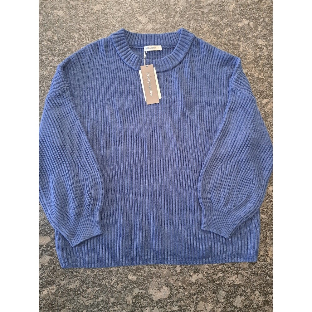 Pretty Garden Blue Chunky Ribbed Knit Crewneck Sweater Women’s L Oversized NWT